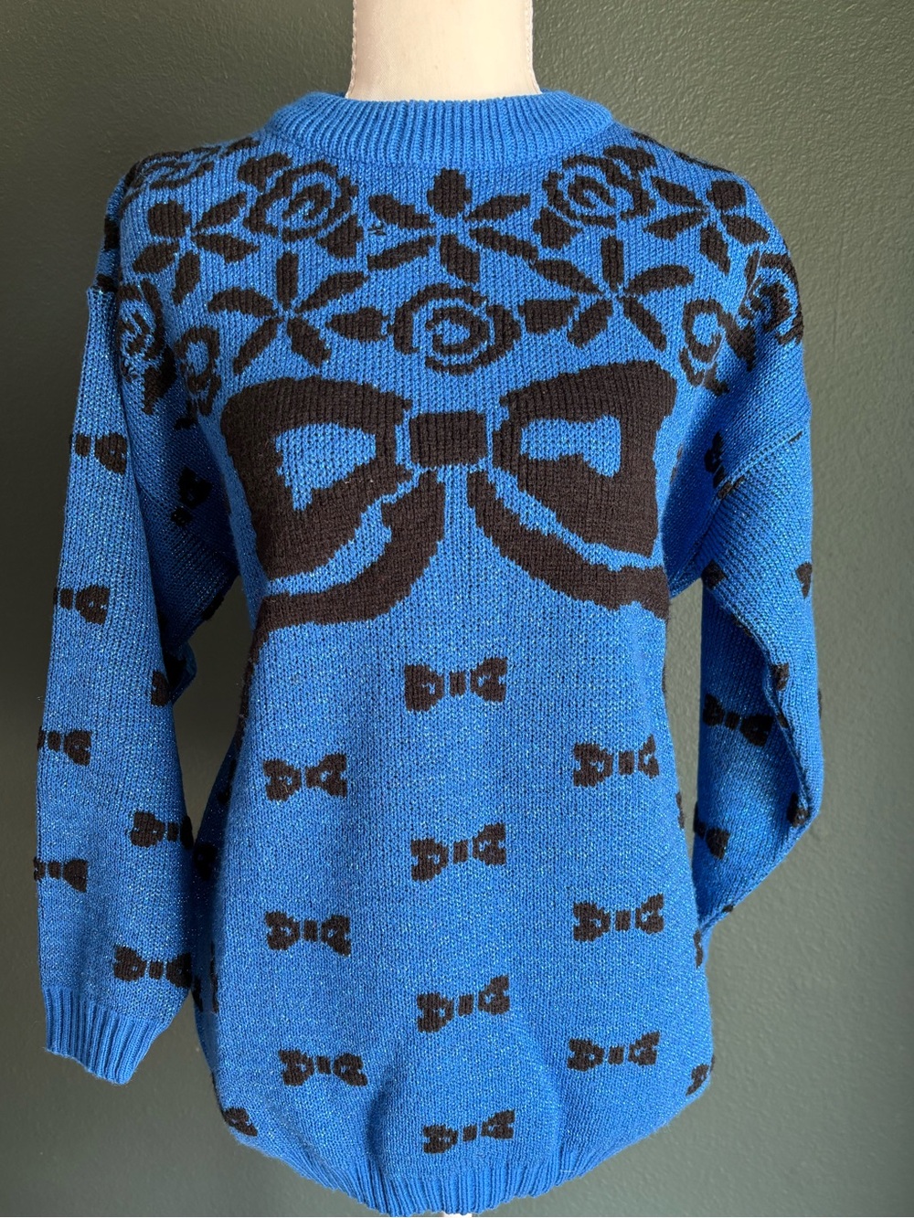 VTG Retro by Reminiscence Blue Bow Sweater USA Sparkle Floral Knit Made USA